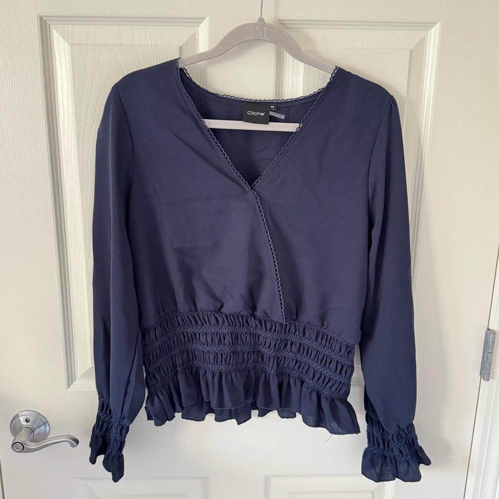 Cliche Navy Blouse with smocked detail on the bottom and sleeves - Size M